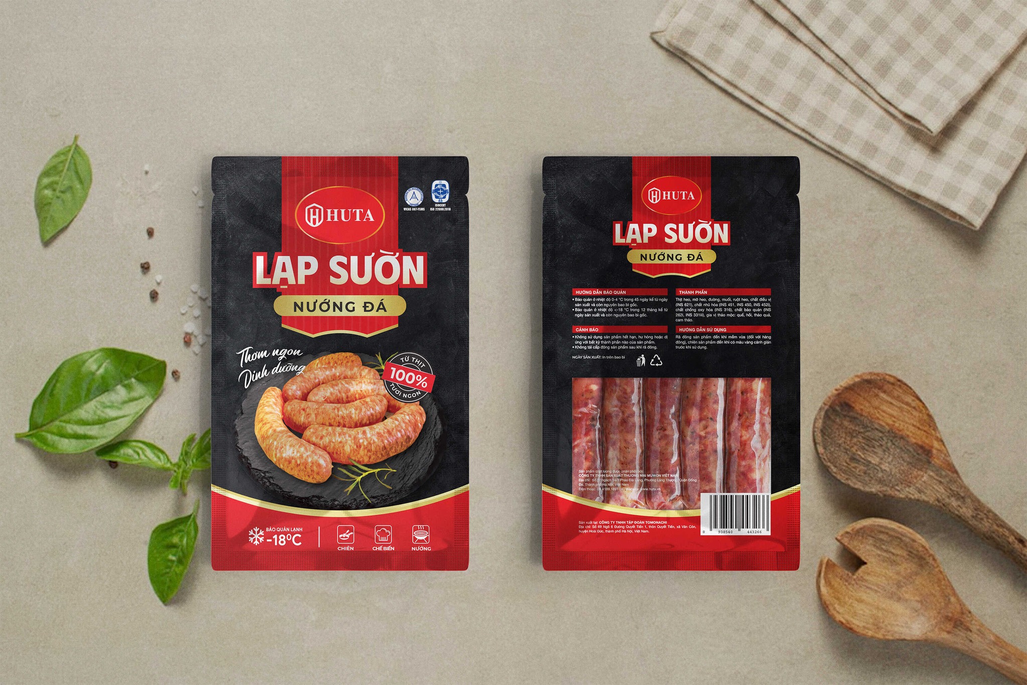 Mẫu bao bì màng ghép đóng gói sản phẩm lạp sườn nướng đá thương hiệu HUTA