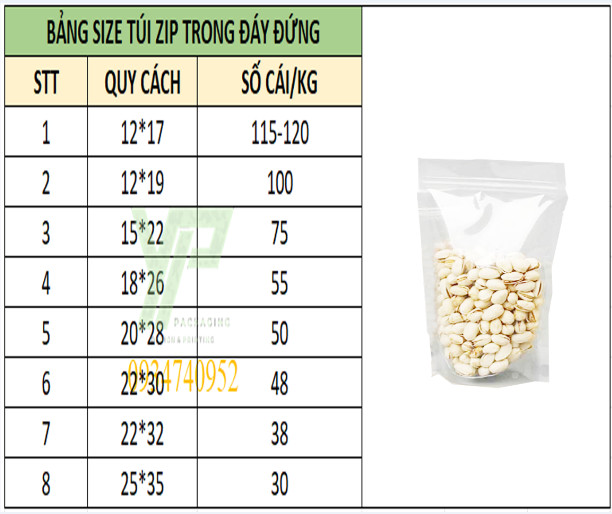 Túi zip trong đáy đứng với nhiều kích thước có sẵn tại Yến Phát