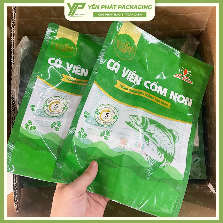 Mẫu bao bì cá viên cốm non Fcook được in ấn tại Bao Bì Yến Phát