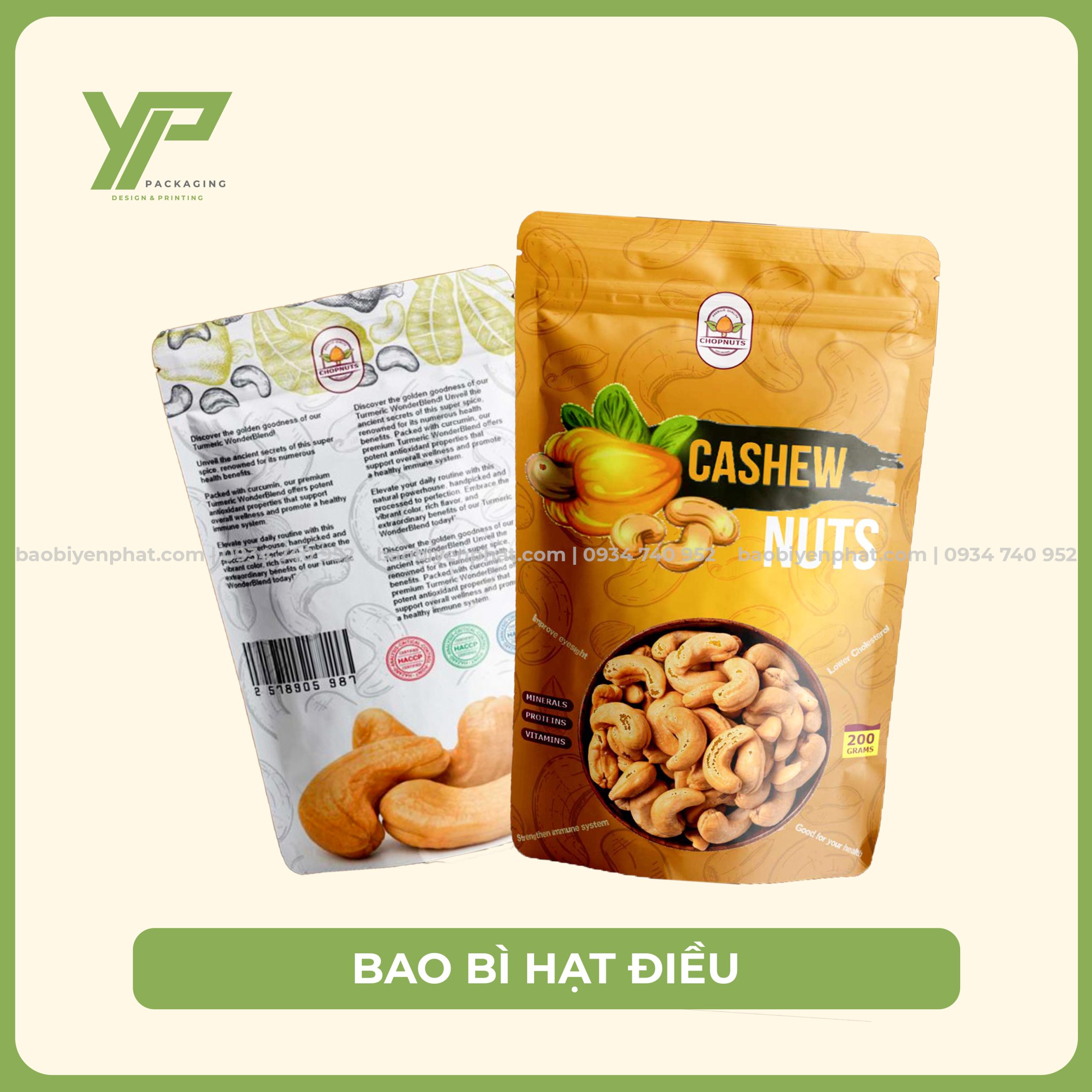 Xưởng in bao bì hạt điều giá rẻ HCM. Chuyên in lụa, in màng ghép, nhận in số lượng ít túi zip đựng hạt điều