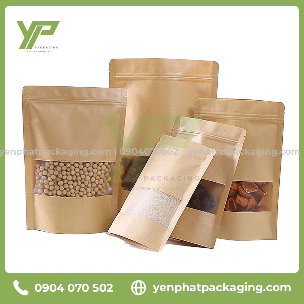 Túi zip giấy kraft cửa sổ với nhiều kích thước khác nhau