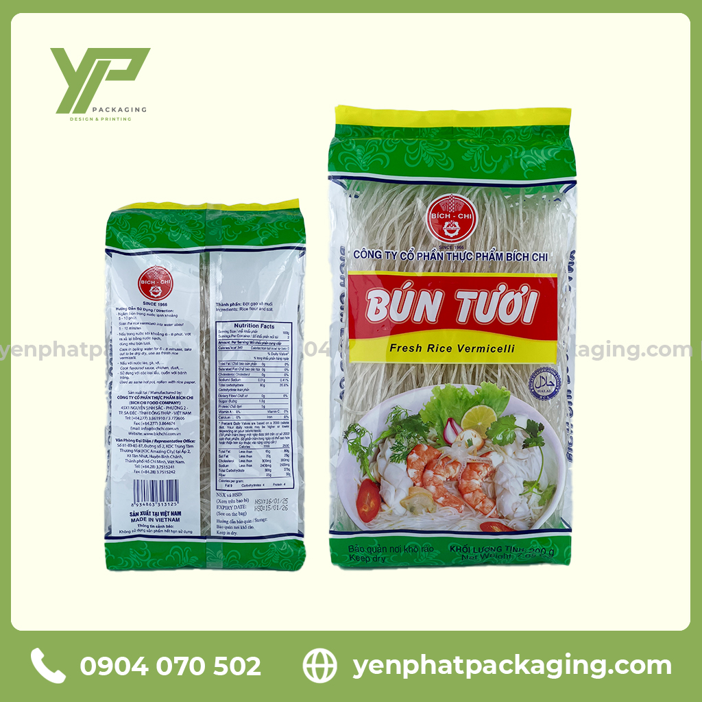 Túi đựng bún khô, bún khô xếp hông hàn lưng giữa in màng ghép cao cấp