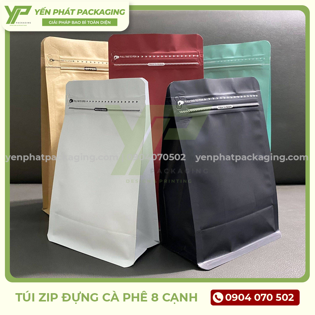 Túi zip đựng cà phê 8 cạnh khoá nhật với nhiều lựa chọn màu sắc