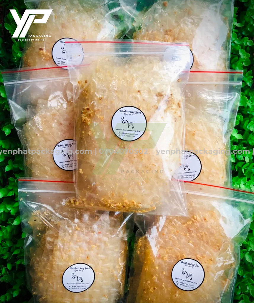 Túi zip chỉ đỏ đựng bánh tráng dán tem nhãn đơn giản, tiết kiệm chi phí