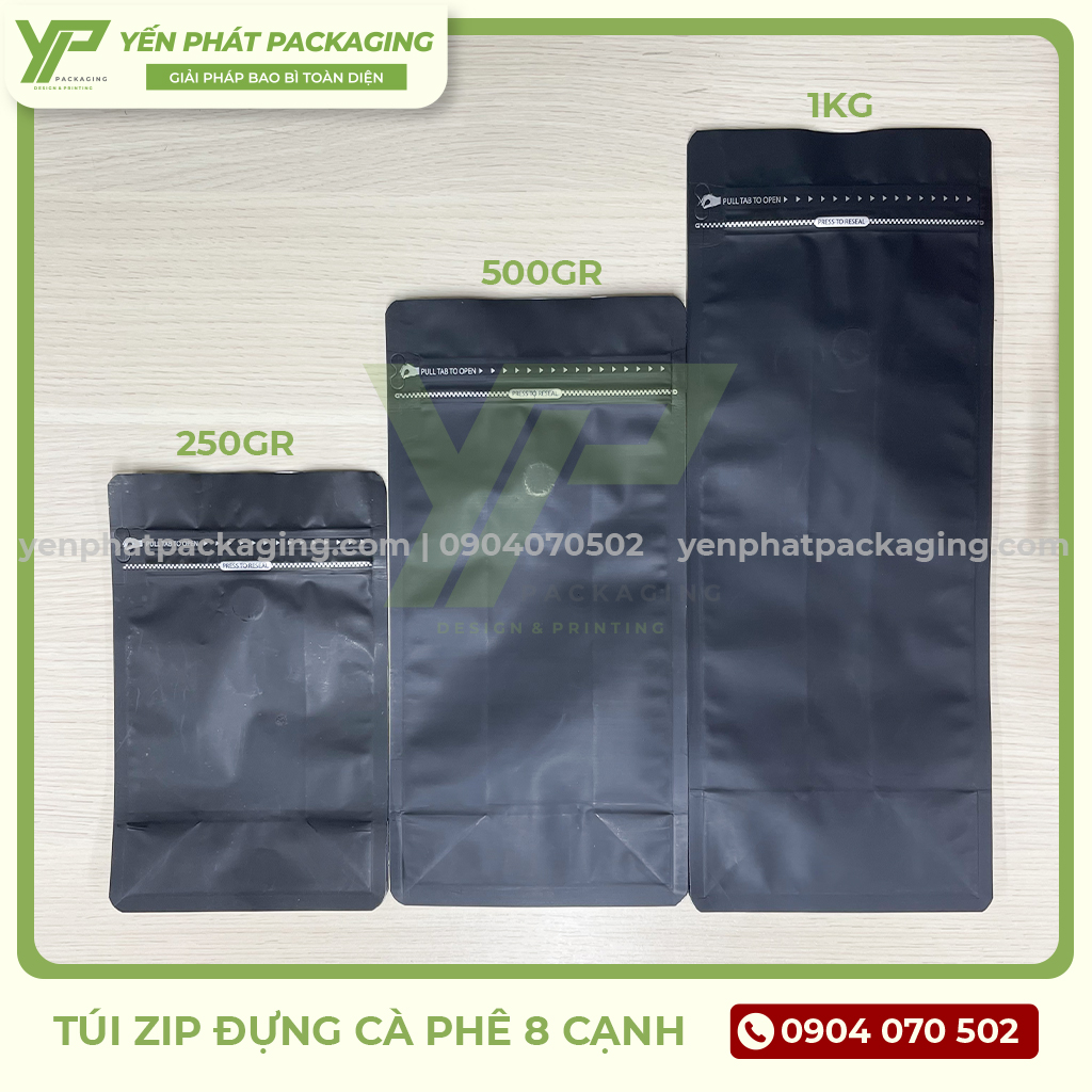 Túi zip đựng cà phê 8 cạnh đủ size: 250gr, 500gr, 1kg