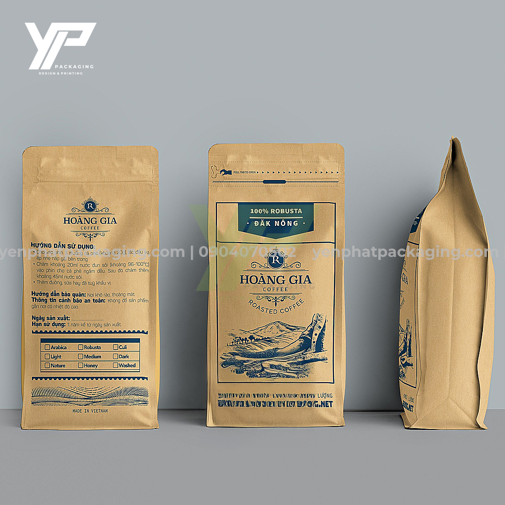 Túi zip giấy kraft đựng cà phê in ấn thương hiệu theo yêu cầu từ 25kg