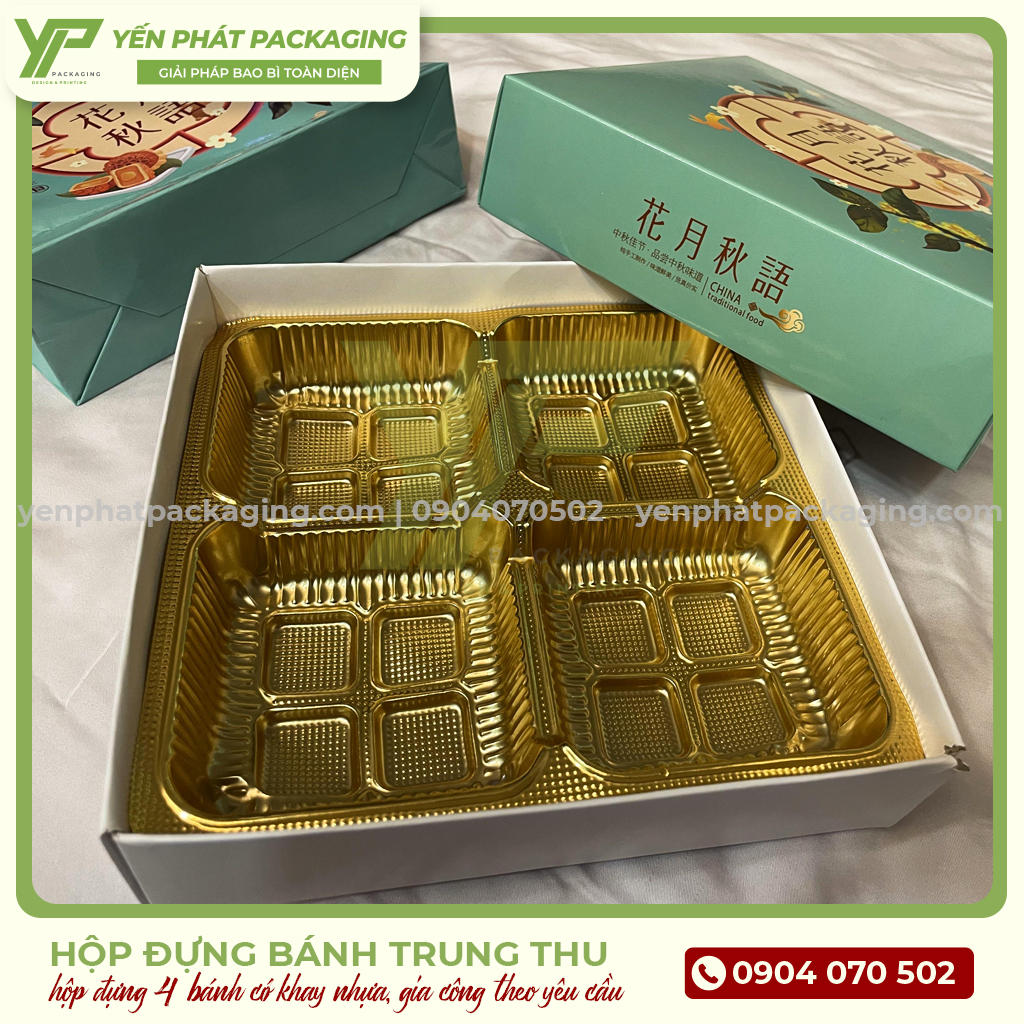 Hộp giấy đựng bánh trung thu - Hộp 4 bánh có khay nhựa gia công theo yêu cầu