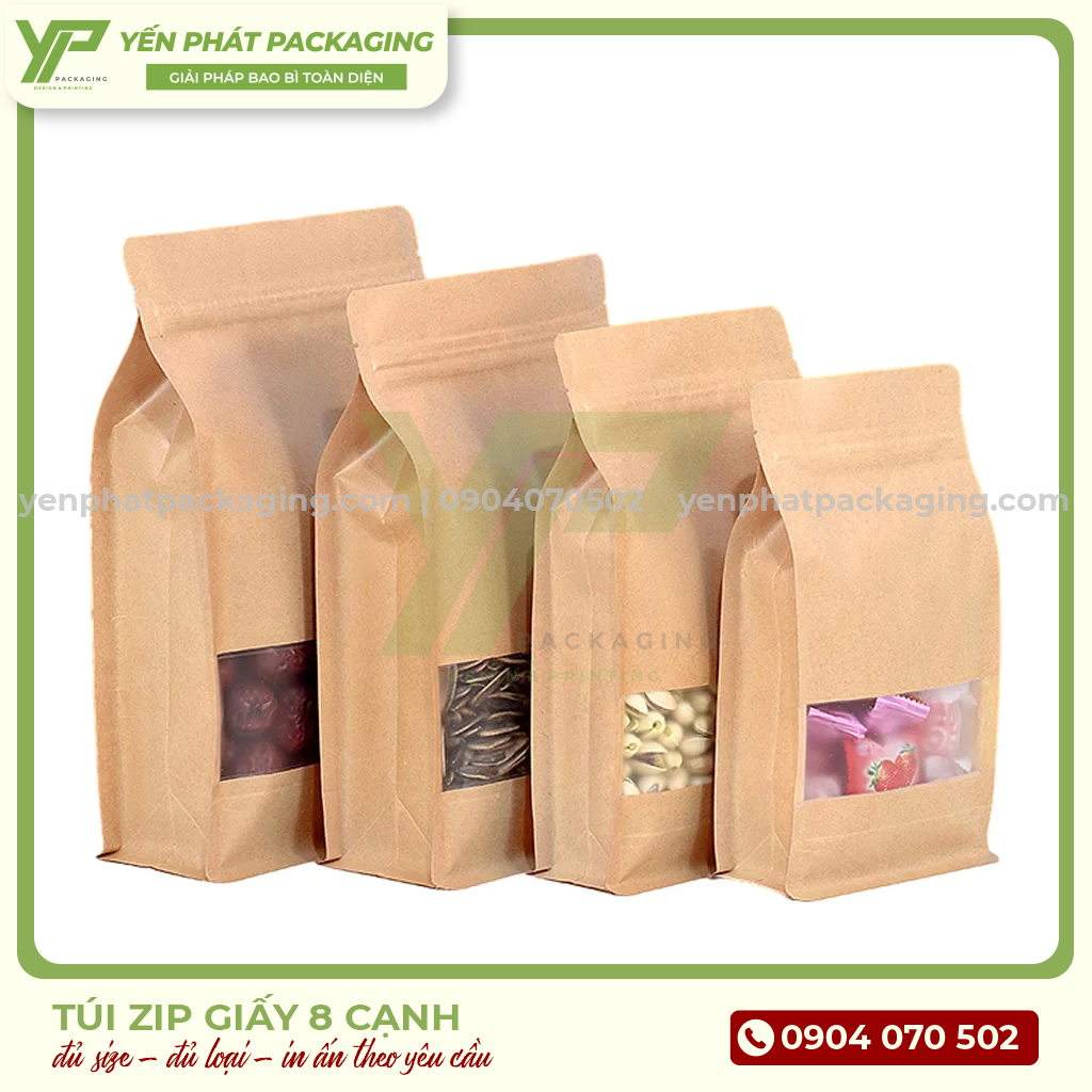 Túi Zip Giấy Đựng Thực Phẩm In Ấn Giá Rẻ Từ 25Kg, Thiết Kế Miễn Phí 3 Mẫu túi zip giấy 8 cạnh khoá zip chắc chắn