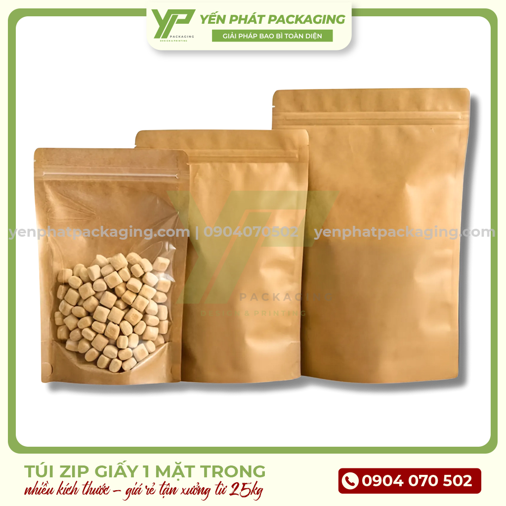 Xưởng In Túi Zip Giấy Đựng Bánh Kẹo, Mứt Tết Số Lượng Ít, Giá Sỉ HCM 4 Túi zip giấy một mặt trong một mặt giấy kraft nhiều kích thước có sẵn