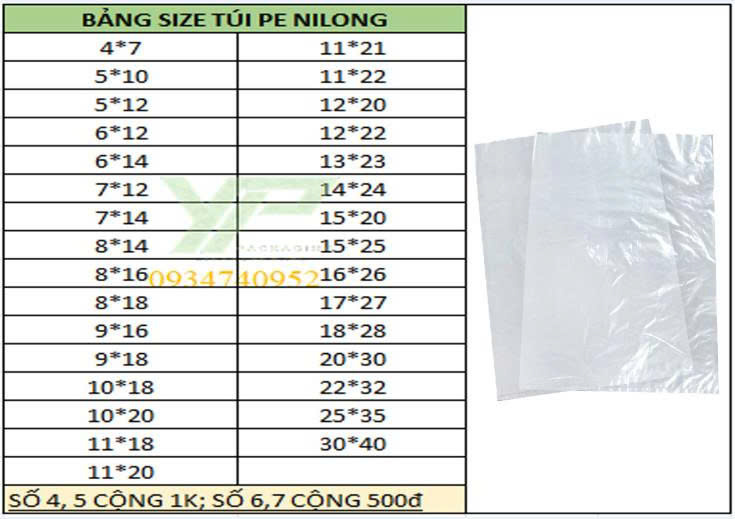 Bảng size túi pe trong/ túi nước lèo
